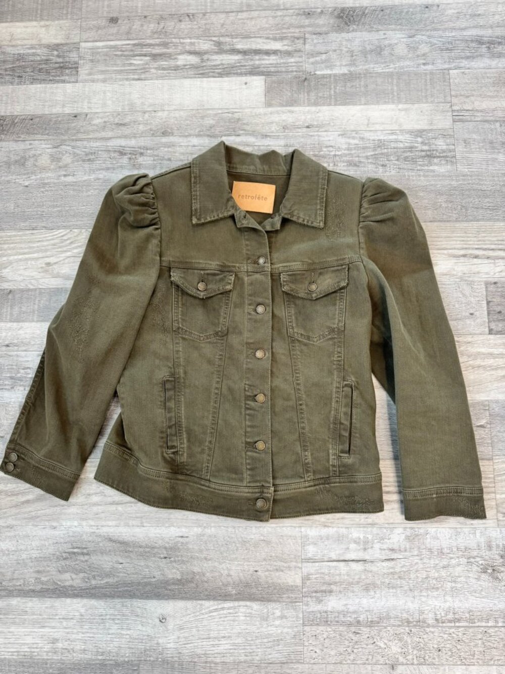 Retrofete Ada green distressed denim jacket puff sleeve size medium Q37